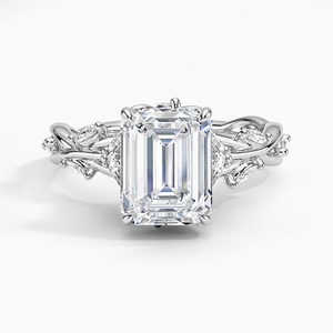 Anillo de boda clásico para mujer de plata de ley 925 con moissanita de corte esmeralda y diseño de hoja - Product Image 1