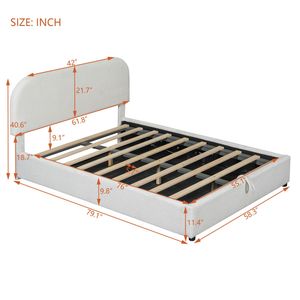 Cama de Plataforma Tapizada en Terciopelo Teddy Blanco, Tamaño Completo, con Sistema de Almacenamiento Hidráulico - Product Image 6