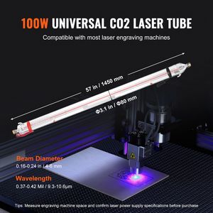 Tubo de Corte Láser de CO2 de 100W, Longitud de 57 (1450 mm), Diámetro de 3.1 (80 mm), Vidrio de Borosilicato, Vida Útil de 10,000 Horas, Cabezal de Metal, Equipo Láser de Alta Potencia - Product Image 3