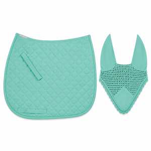 Tapis de selle matelassé turquoise avec voile anti-mouches respirant en crochet, tissu tissé unisexe imprimé numériquement couleur unie 140g, ensemble - Product Image 1