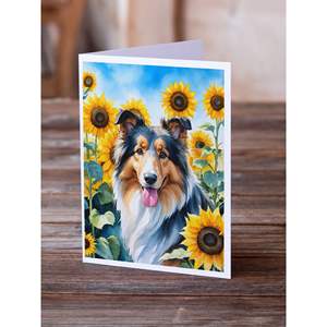 Whimsical A7 Size <b>5x7</b> Blank Note Cards Pack of 8 Collie in Sunflowers Design with <b>Envelopes</b> Greeting Cards - Product Image 2