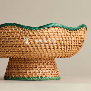Green Bohemian Handmade Scalloped Rattan Pedestal Bowl Eco-friendly Tiered Centerpiece <b>for</b> Home Dining <b>Table</b> and Party Decor - Product Image 2