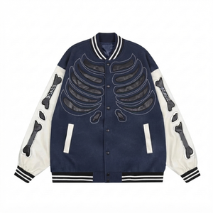 Chaqueta universitaria de lana con mangas de cuero blanco y parche de esqueleto, estilo hip hop, para hombre, venta al por mayor, ropa urbana, estilo Letterman - Product Image 1