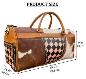 Custom Multifunction Large Capacity Checkered Design <b>Hand</b> <b>Tooled</b> Leather Duffle Bag Genuine Hair-On Leather Travel Outdoors Bags - Product Image 2