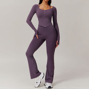 Women's Adults Summer Solid <b>Purple</b> <b>Long</b> <b>Sleeve</b> Crop <b>Top</b> Flared Leggings Set Square Collar Zipper Detail Breathable Knitted - Product Image 1