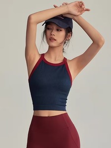 High <b>Neck</b> Sports Bra Women Contrast Trim Ribbed Crop Top Racerback <b>Padded</b> Gym Workout Fitness Activewear Seamless Tank - Product Image 2