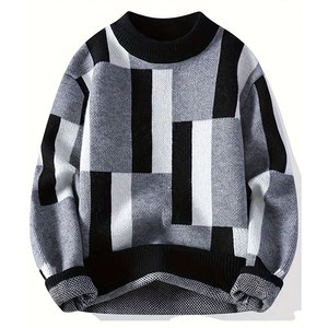 Pull en laine/acrylique respirant pour homme, à manches longues, pour l'hiver, design bicolore noir, gris et blanc - Product Image 1
