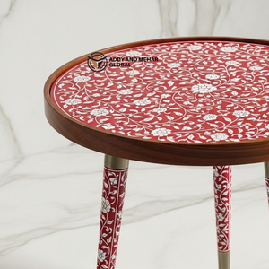 Red Meena Floral Design <b>Round</b> Wooden Side Table – Handcrafted Decorative Accent Table for Living Room & Bedroom - Product Image 6