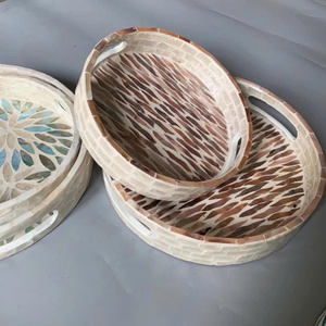 NHAT MINH Set of 2 <b>Round</b> Mother-of-Pearl Inlaid Bohemian Fruit Pattern Food <b>Trays</b> and Tea Cup Set - Product Image 6