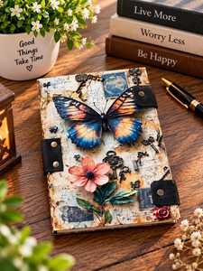 <b>Vintage</b> Butterfly Leather Journal 7x5 Inch Botanical Artwork Diary Printed <b>Notebook</b> Handmade Paper Gift - Product Image 4