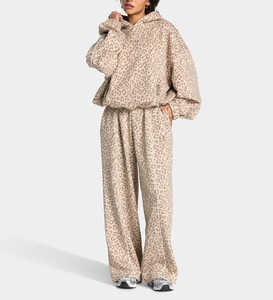 Custom Leopard Print Oversized Contrast Pipping Women <b>Tracksuit</b> Beige Leopard Pullover Contrast Hoodie & Jogger For Women's - Product Image 1