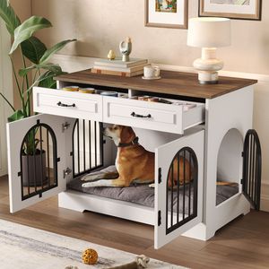 43.3\" Heavy Duty Indoor Dog <b>Crate</b> Furniture 2 <b>Storage</b> Drawers Medium Large Dog Kennel Side Doors Pet Houses Furniture for Dogs - Product Image 2