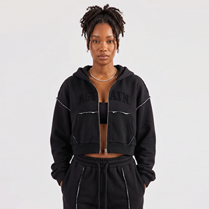 Women's Winter Wear Crop Hoodie Outer <b>Distressed</b> Fleece Cotton Zipper Hood Ladies Customized Front Chenille Embroidery Crop <b>Top</b> - Product Image 1