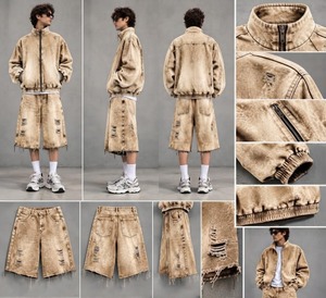 <b>Women</b> Acid Wash Stand <b>Collar</b> Zip up 100% Cotton Jacket and Knee Length Shorts Set Loose Streetwear Two Piece Outfit - Product Image 5