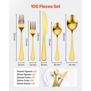 Set di posate in acciaio inossidabile per alimenti da 20 pezzi con 100 pezzi (oro e argento) - Finitura a specchio - Lavabile in lavastoviglie - Per hotel - Product Image 2