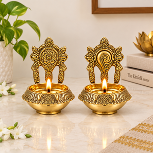Set of 2 Handcrafted Engraved Brass Diya <b>Lamps</b> Traditional Carved Backrest <b>Oil</b> <b>Lamp</b> Indian Temple Puja <b>Oil</b> <b>Burner</b> Decor - Product Image 2