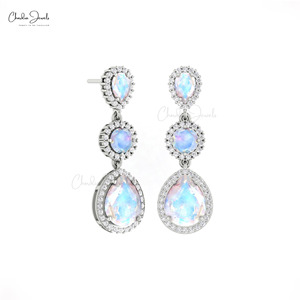14k Solid Gold Natural Rainbow Moonstone & 1.1mm Pave Set Diamond Halo Dangle <b>Earrings</b> June Birthstone Cocktail Jewelry - Product Image 1