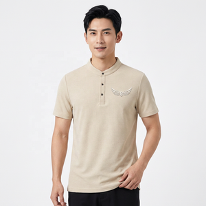 เสื้อโปโลผู้ชายแขนสั้นผ้าถักสีพื้น ระบายอากาศได้ดี สไตล์ลำลอง สีเบจ ดีไซน์ติดกระดุมด้านหน้า ทรงปกติ - Product Image 3