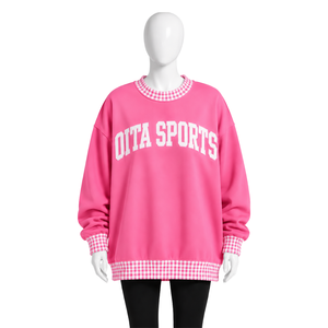 Mens Baby <b>Pink</b> Oversized Crewneck <b>Sweatshirt</b> With Gingham Check Collar And Cuffs Long Sleeve Graphic Pullover Casual Streetwear - Product Image 1