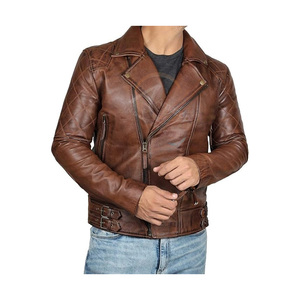 Men's <b>Brown</b> Genuine <b>Leather</b> Biker <b>Jacket</b> With Zipper Closure And Quilted Design Slim Fit Moto Style Autumn Wear - Product Image 2