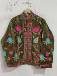 <b>Women's</b> Hand Embroidered Floral Vintage Green Velvet Embroidered <b>Jacket</b> Cartoon Animal Floral Stand Collar Long Sleeve Oversized - Product Image 4