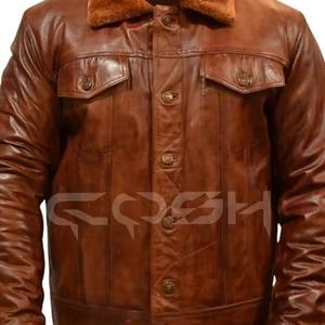 Chaqueta de Cuero Genuino Marrón Vintage para Hombre, Estilo Trucker, con Cuello de Lana, Botones, Chaqueta Western de Invierno - Product Image 5
