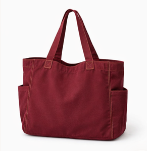 Sac fourre-tout en toile rouge grande taille pour le shopping, avec poche avant et poches latérales, poignée longue, usage quotidien, vente en gros - Product Image 4