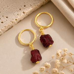 Gold Plated Raw <b>Garnet</b> Hoop <b>Earring</b> - Natural Birthstone Drop <b>Earring</b> For Women, Crystal Healing Jewelry Gift For Her - Product Image 2
