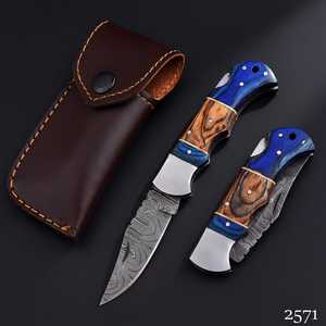 UA Supplies Excellent Quality Damascus Steel Folding <b>Knife</b> Colorful Pakka Wood <b>Handle</b> EDC Pocket <b>Knife</b> with Leather Pouch - Product Image 1
