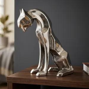Sculpture de panthère en métal poli, figurine féline artisanale, statue de chat sauvage moderne, décoration animale abstraite, décoration de table, maison, bureau - Product Image 2