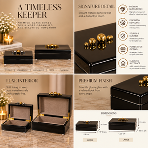 Boîte de rangement pour bijoux en verre noir avec poignée sphérique dorée, finition brillante, doublure douce, organisateur décoratif pour souvenirs et articles de toilette - Product Image 6