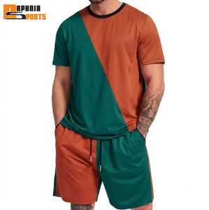 Ensemble T-shirt et short pour homme, color block, manches courtes, séchage rapide, en polyester tricoté, tenue sportive d'été, vente en gros - Product Image 1