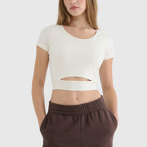 Athletic Gym Workout Tight Sports Crop Top Women's Yoga <b>Padded</b> Bottom Cut Ribbed Material Short Sleeve Crop Top T-<b>Shirt</b> - Product Image 1