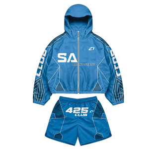 Veste coupe-vent Y2K Streetwear bleue en gros, survêtement personnalisé pour homme, veste en nylon imperméable, ensemble deux pièces, sweats à capuche en gros - Product Image 4