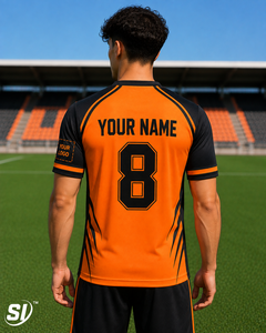 Camiseta de Fútbol Personalizada Naranja y Negra con Panel en el Hombro, Sublimación, Impresión de Nombre y Número, Secado Rápido, Uniforme de Equipo al por Mayor OEM - Product Image 4