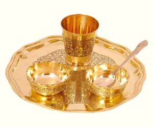 brass pooja thali small <b>8</b> inch decorative plate religious temple rituals traditional indian metal utensil engraved floral des - Product Image 1