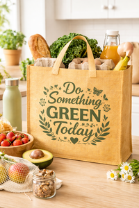 Sac fourre-tout en jute imprimé avec slogan écologique, réutilisable pour les courses, avec logo personnalisé et poignée supérieure, respectueux de l'environnement - Product Image 2