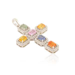 18K <b>Solid</b> White <b>Gold</b> Multi Sapphire Cross <b>Pendant</b> - Product Image 4