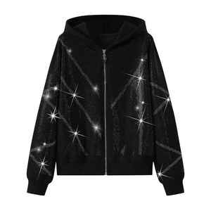 High Quality Hooded Street Wear Loose Fit Acid Wash Winter Customized Colours & Logo 100% Cotton Rhinestone Tracksuit - Product Image 2