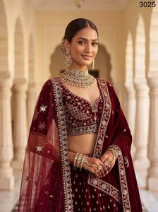 Velvet Embroidered Bridesmaid <b>Lehenga</b> Set Maroon Dupatta Floor-Length A-Line V-Neck Sleeveless Wedding Party Ethnic Dress - Product Image 2