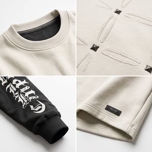 Men's Oversized Crew Neck <b>Long</b> <b>Sleeve</b> <b>T</b> <b>Shirt</b> Beige <b>Black</b> Layered Embroidered Geometric Street Style Top ODM OEM Available - Product Image 3