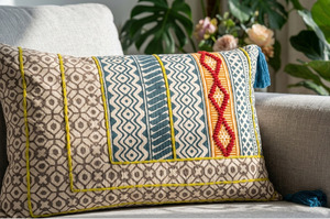 ABSTRACT INDIA Golden Fern Geo Play Embroidered Eco-friendly Bohemian Floral 100% Cotton Customizable Rectangle <b>Cushion</b> <b>Cover</b> - Product Image 2