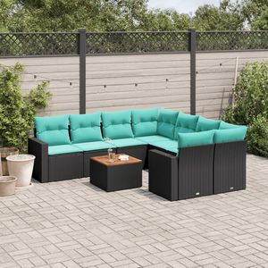 Set di divani da giardino in polyrattan nero da 9 pezzi con cuscini, eleganti mobili da esterno - Product Image 1