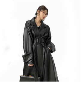 Women's Black PU <b>Leather</b> <b>Long</b> Trench Coat With Belt Turn-down Collar Full Sleeve Autumn Style Minimalist Design - Product Image 3