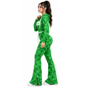 Chándal verde con capucha para mujer, cremallera completa, dobladillo dividido, ropa deportiva informal con estampado de letras y bolsillos laterales - Product Image 3