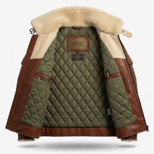 <b>Mens</b> Cognac Brown Cream Leather Jacket <b>Fur</b> Collar Contrast Yoke Sleeve Flap Pocket Olive Green Quilted Winter Aviator <b>Coat</b> - Product Image 5
