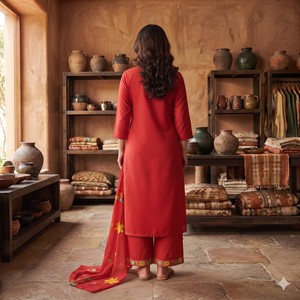Elevate Your Everyday Casual Summer Wear Stunning Red Cotton Embroidered Discharge <b>Printed</b> Solid <b>3</b>-Piece Breathable Women's <b>Set</b> - Product Image 5