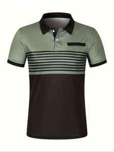 Polo en tricot à manches courtes pour homme, rayé, bicolore vert et noir, avec poche, style décontracté, coupe classique - Product Image 1