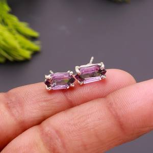 Pendientes de Amatista Rosa Natural en Forma de Hexágono, Plata de Ley 925, Joyería Étnica Minimalista Hecha a Mano, Regalo para Aniversario y Fiesta - Product Image 4