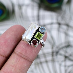 Bague en argent sterling 925 massif, sertie de pierres précieuses naturelles et de perles, forme fantaisie, faite à la main - Product Image 1